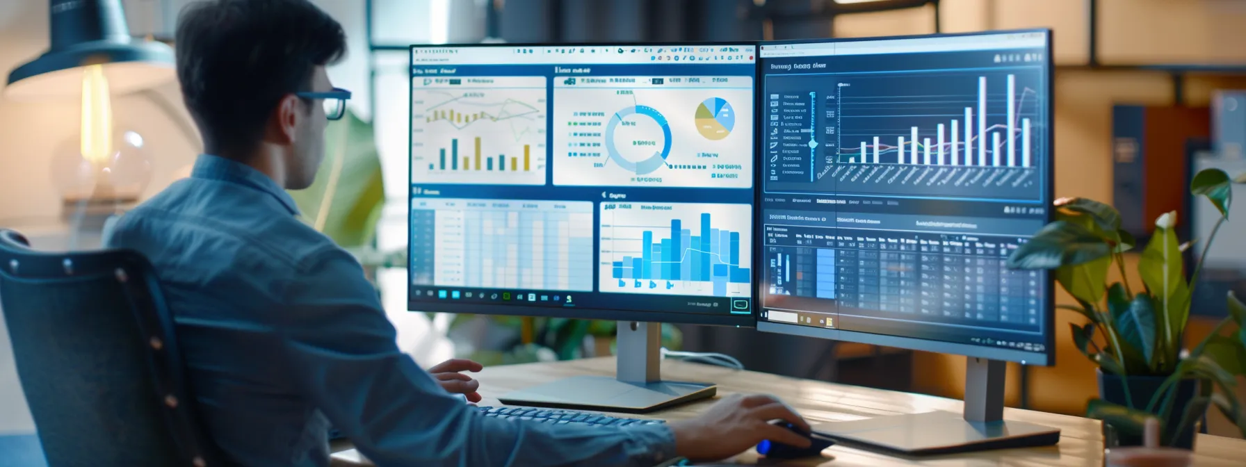 a person analyzing data on a computer screen with graphs and charts showing seo performance improvements.