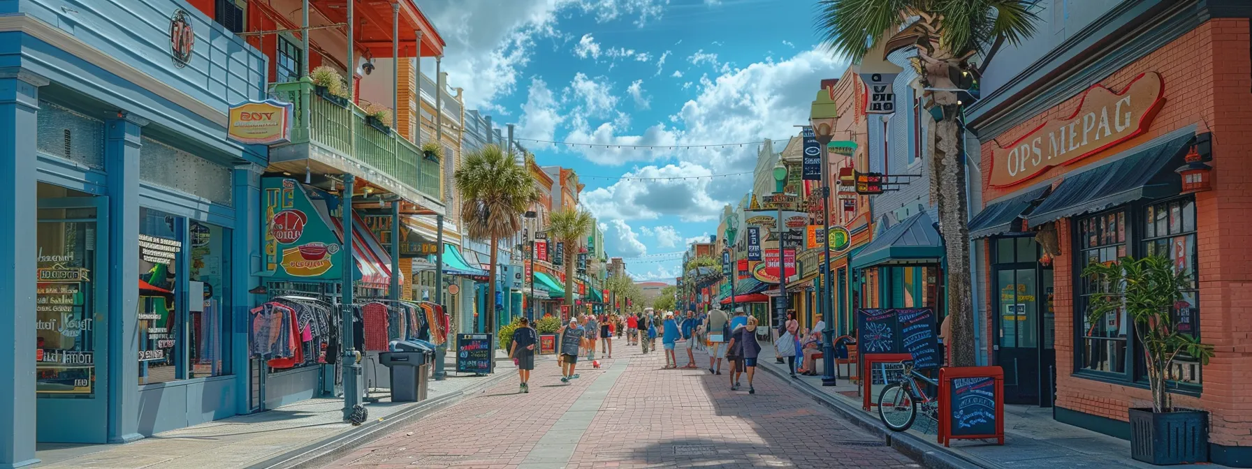 a bustling street in melbourne fl with various local businesses prominently displayed.