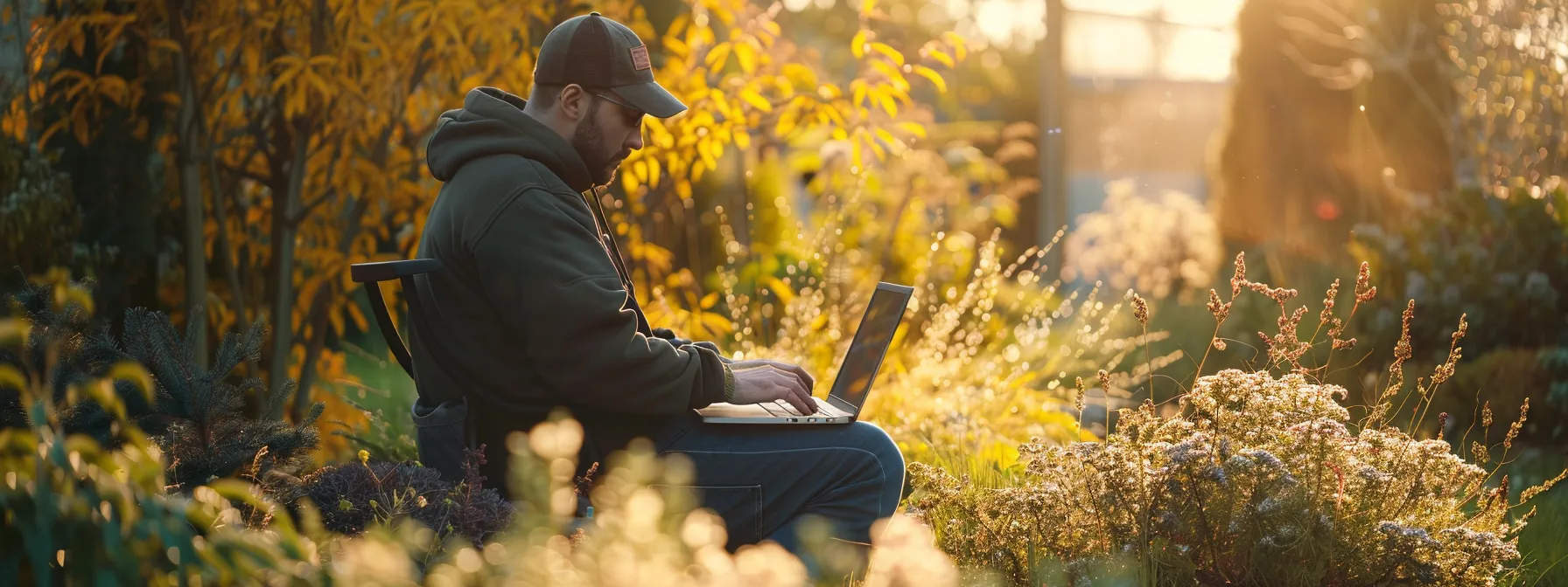 a landscaper using a laptop to optimize their website for search engines.