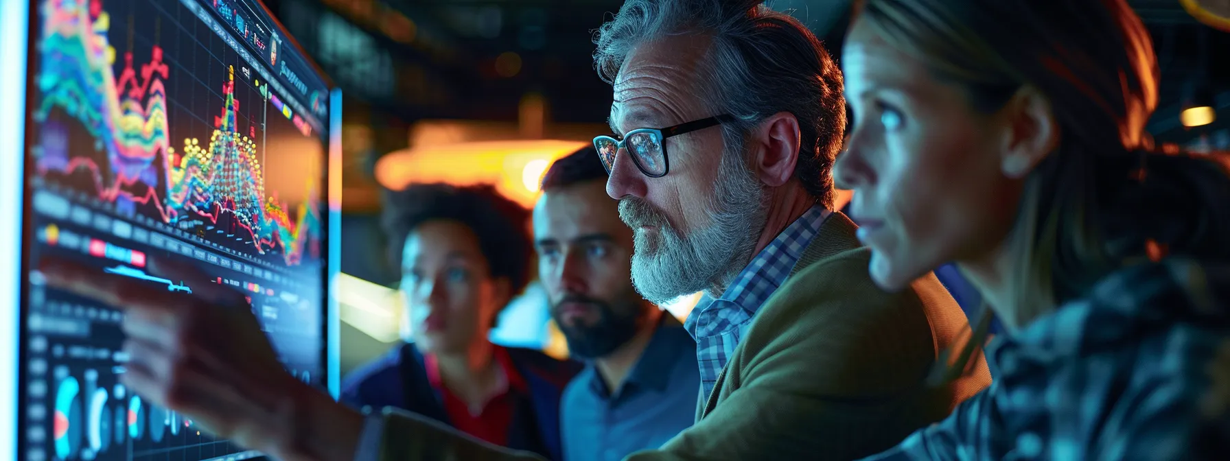 a group of professionals looking at a computer screen showing a detailed chart of customer behavior patterns.