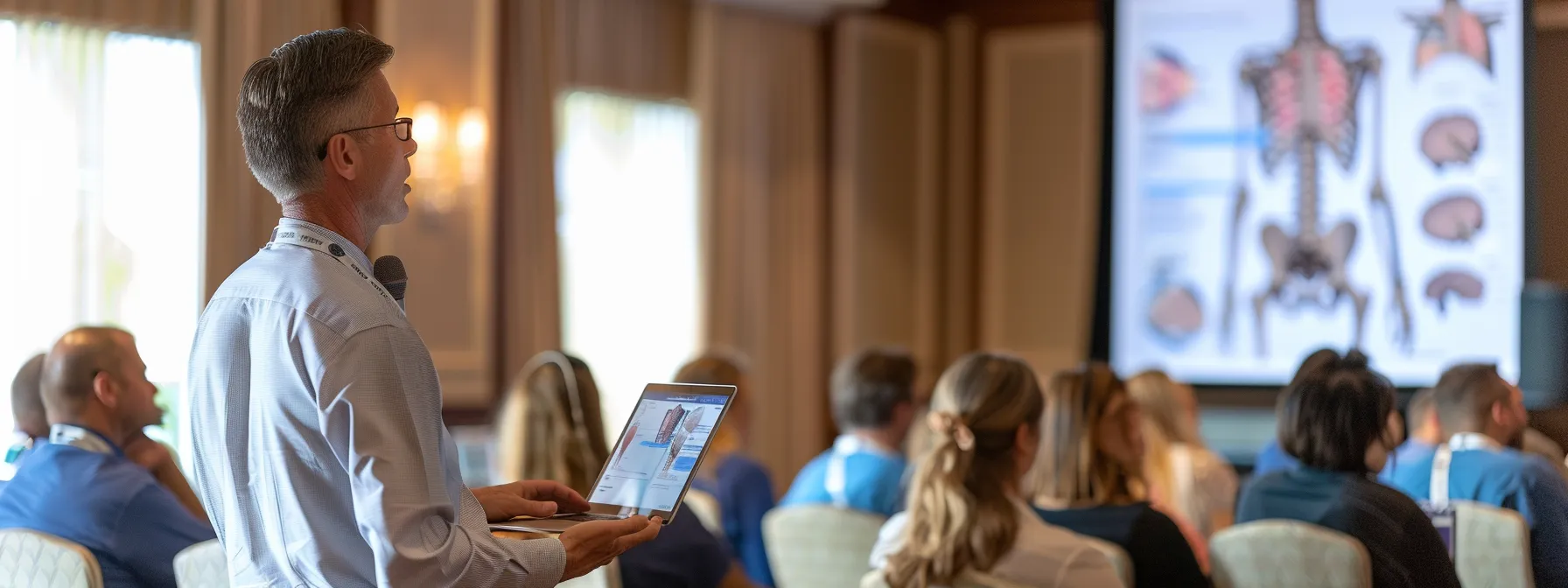 a chiropractor speaking at a healthcare conference, with a laptop showing a backlink strategy presentation on the screen.