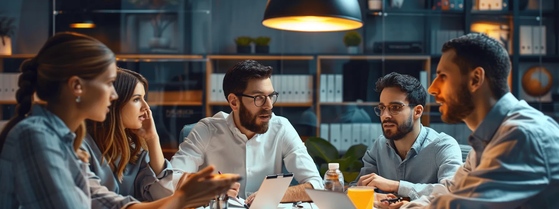 a team of professionals discussing search marketing strategies in a modern office setting.