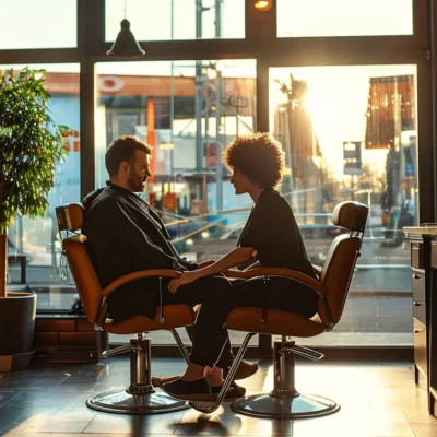 a hair stylist sitting with a client in a modern hair salon, surrounded by various hair products and tools.