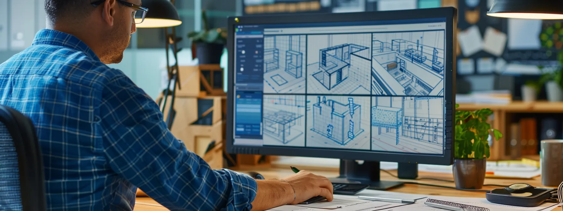 an architect analyzing data on a computer screen with architectural drawings and blueprints scattered around the desk.