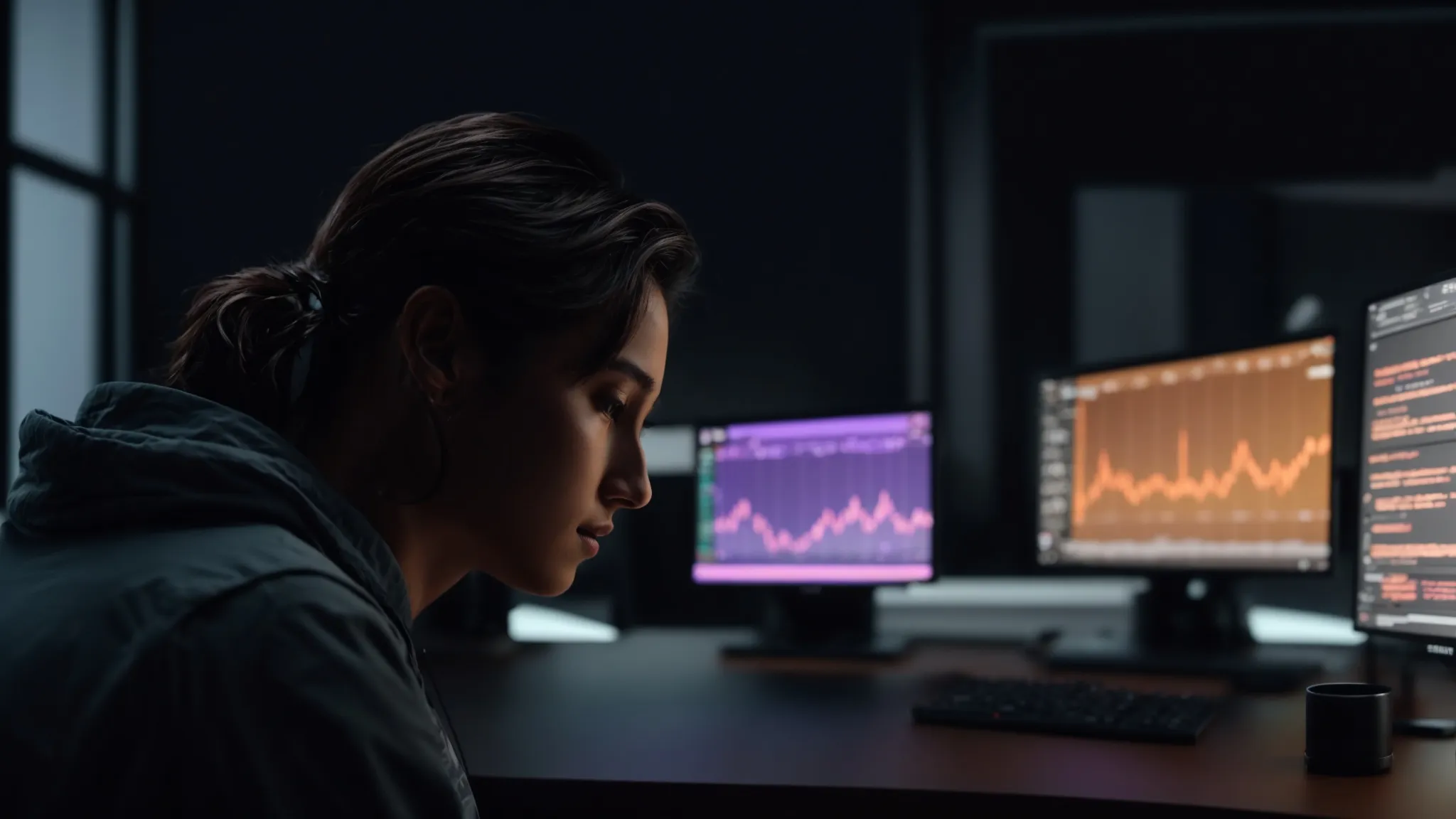 a person sitting at a desk analyzing customer data on a computer screen.