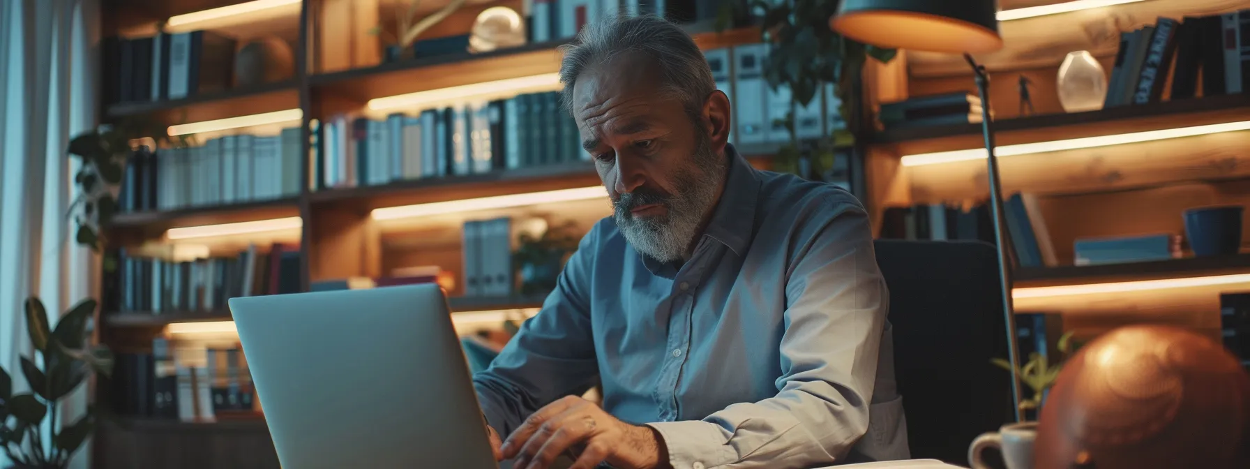 a psychiatrist writing a blog post on a laptop in a calming office setting.