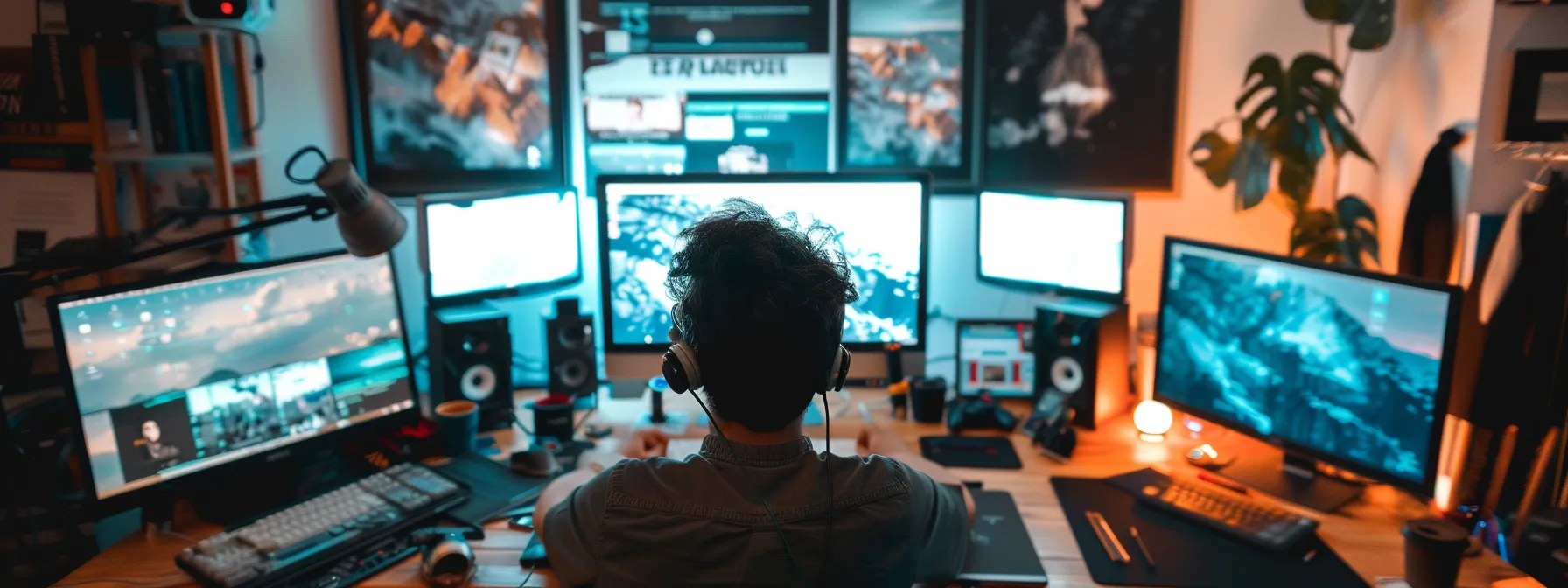 a person in melbourne designing a website for their brand, surrounded by computer screens and creative materials.