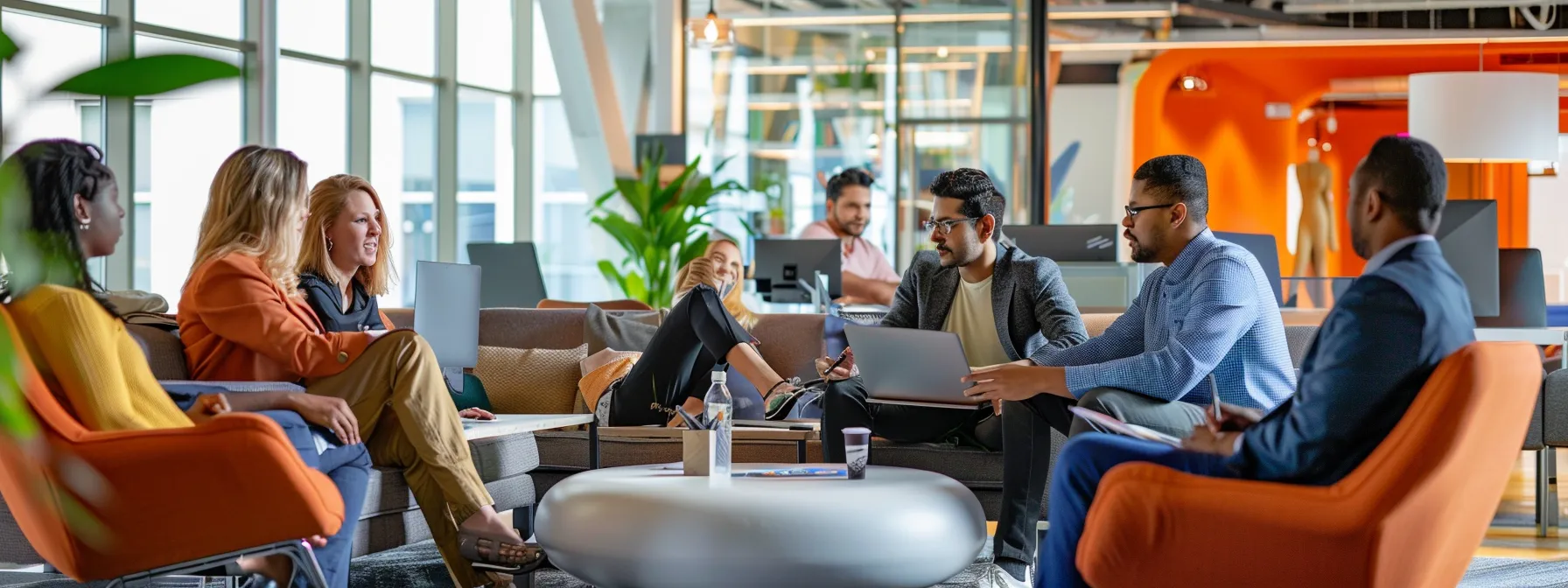 a group of professionals brainstorming and strategizing in a modern office setting.