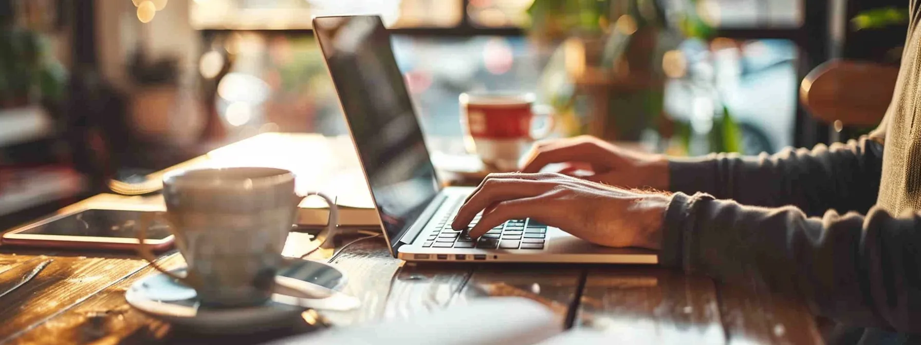 a person typing on a laptop, surrounded by coffee cups and notebooks, while researching potential guest blogging opportunities in their industry.