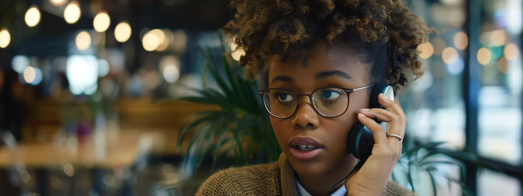 a person speaking on the phone with a determined expression, listening intently to the prospect on the other end.