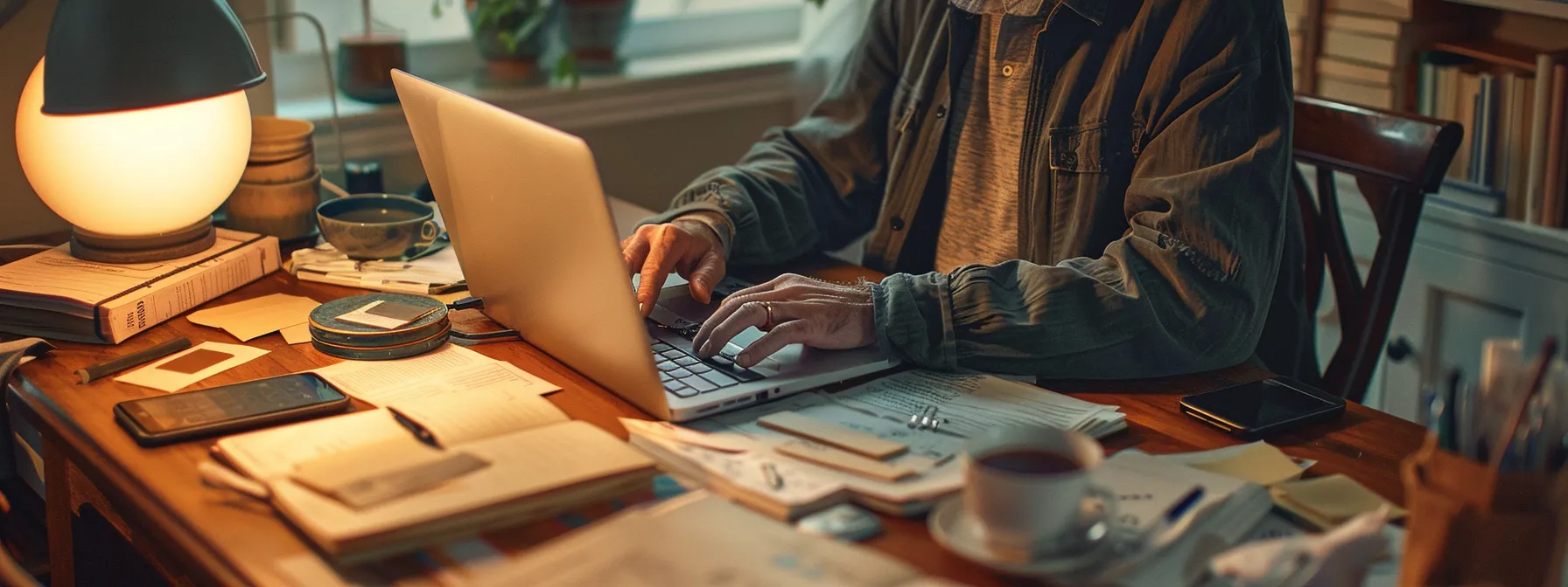 a person typing on a laptop while sitting at a desk covered with notes and a cup of coffee.