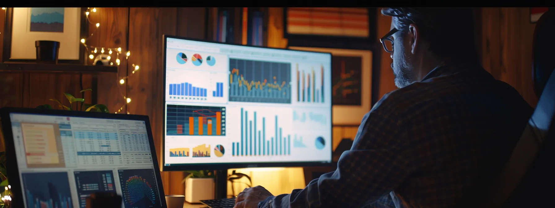 a person analyzing data reports and graphs on a computer screen.