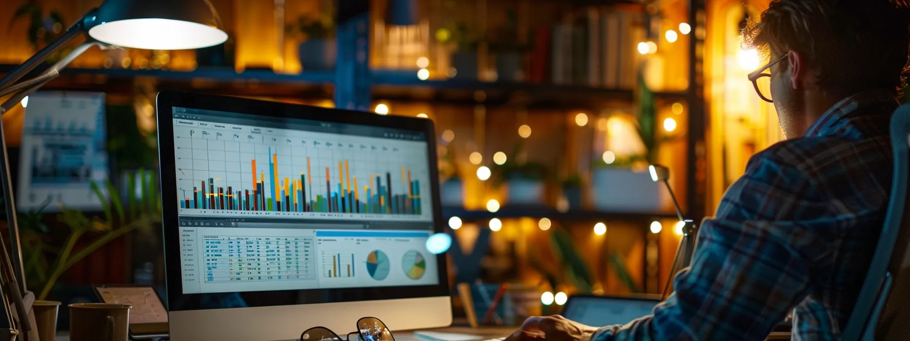 a person analyzing email metrics on a computer screen with various charts and graphs displayed.