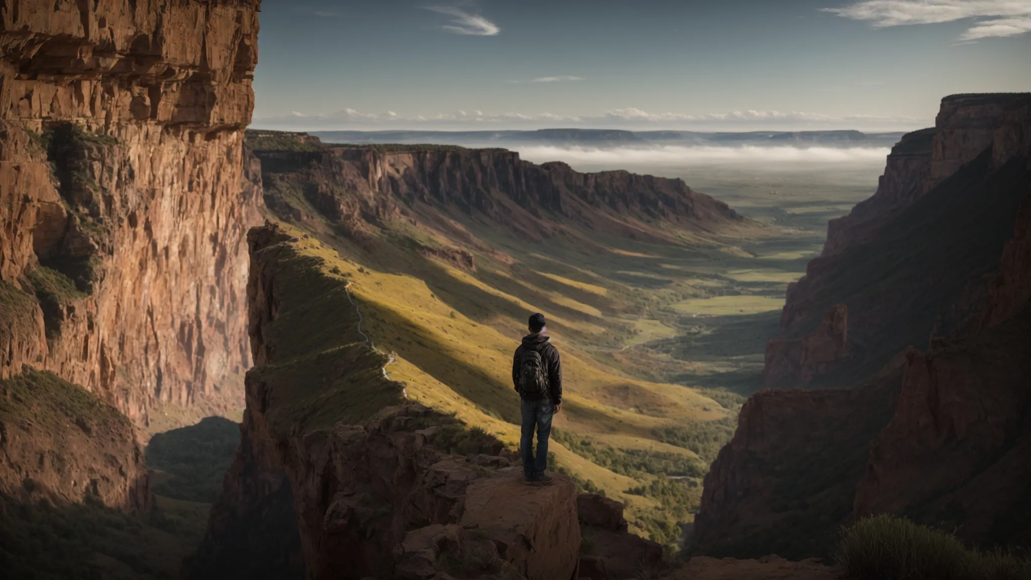 a person standing at the edge of a cliff, looking out at the vast landscape below with a determined expression.