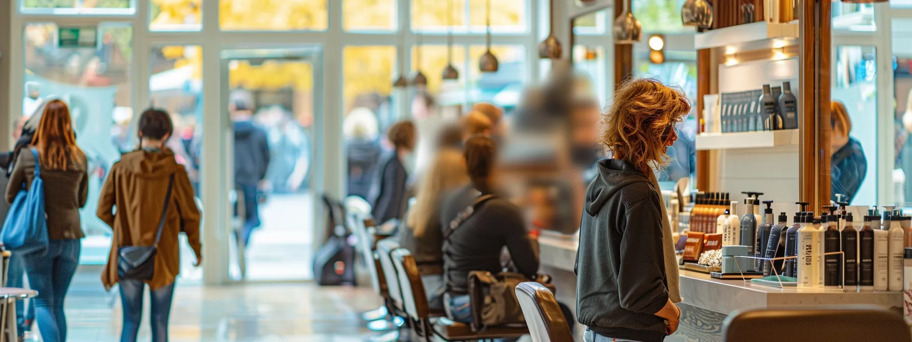 a busy salon with customers coming in and out, as the google business profile drives client traffic.