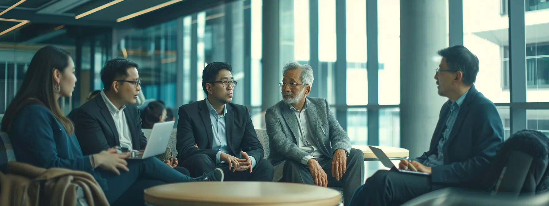 a group of professionals discussing seo strategies in a modern office setting.