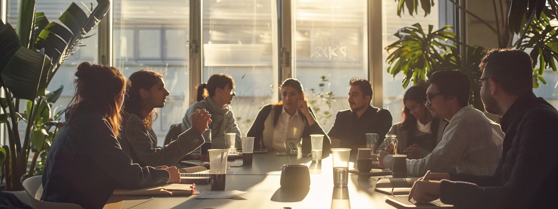 a group of people in a meeting room discussing seo analysis tools in melbourne.