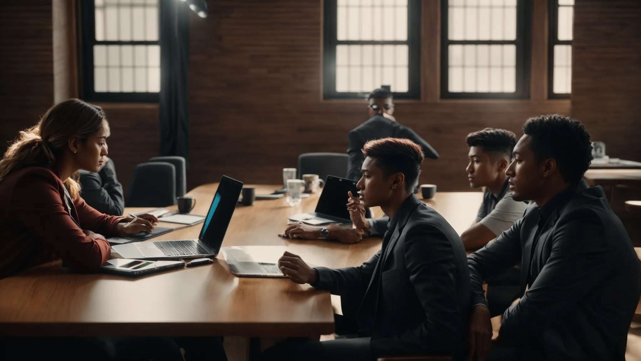 a group of professionals engaged in conversation, discussing benefits and pain points, with notes and laptops on the table.