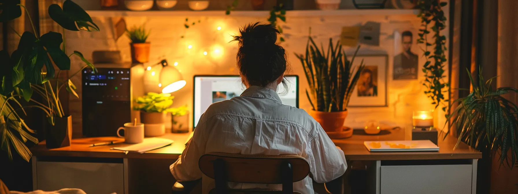 a massage therapist creating an informative blog post on a laptop in a cozy, well-lit home office.