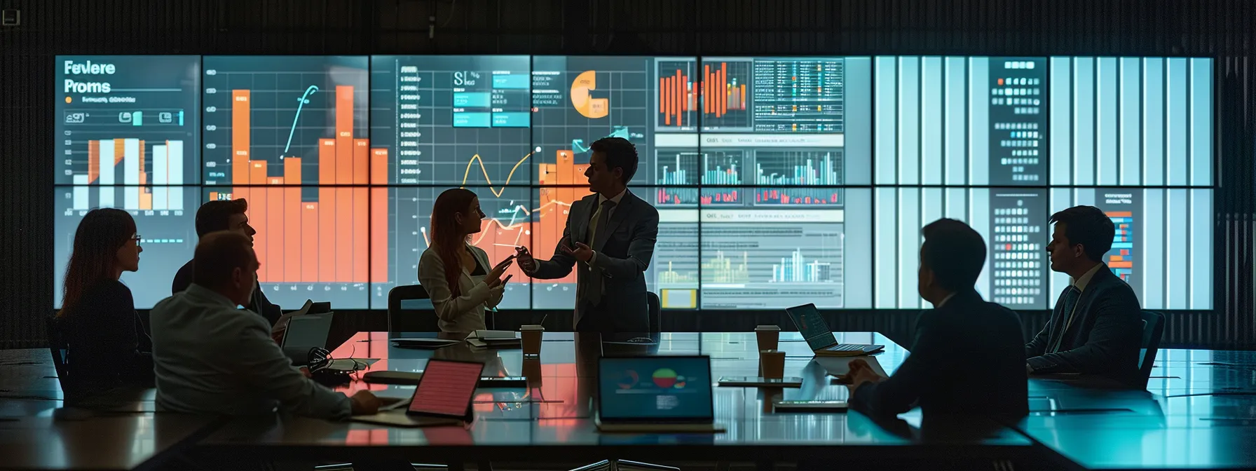 a group of professionals discussing and brainstorming together around a conference table with charts and graphs displayed.