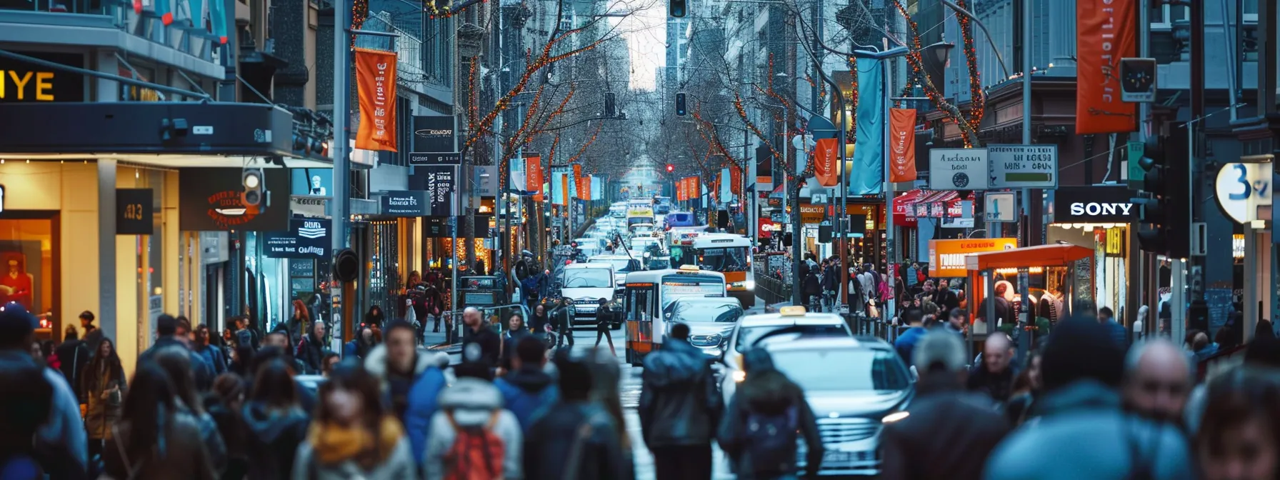 a bustling street in melbourne with various businesses and people engaging in activity.