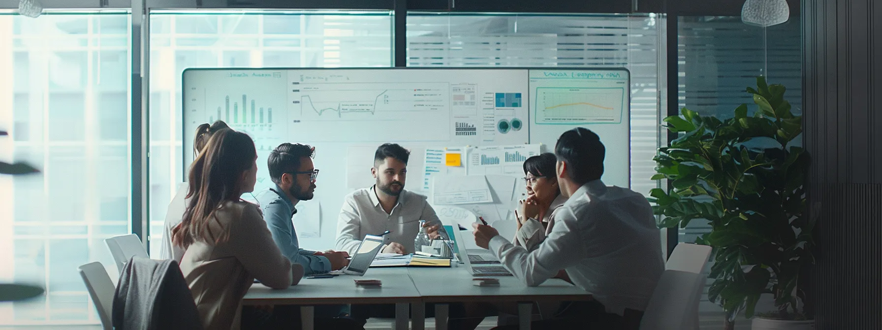 a team of sales and marketing professionals strategizing together in a conference room surrounded by whiteboards and charts.