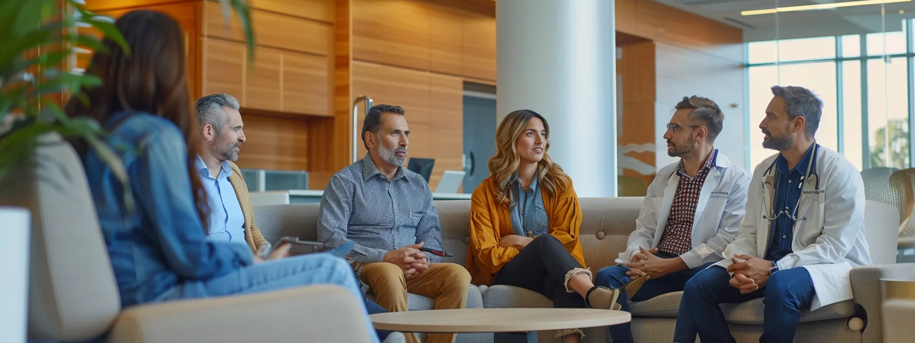 a group of medical professionals discussing seo strategies in a modern office setting.