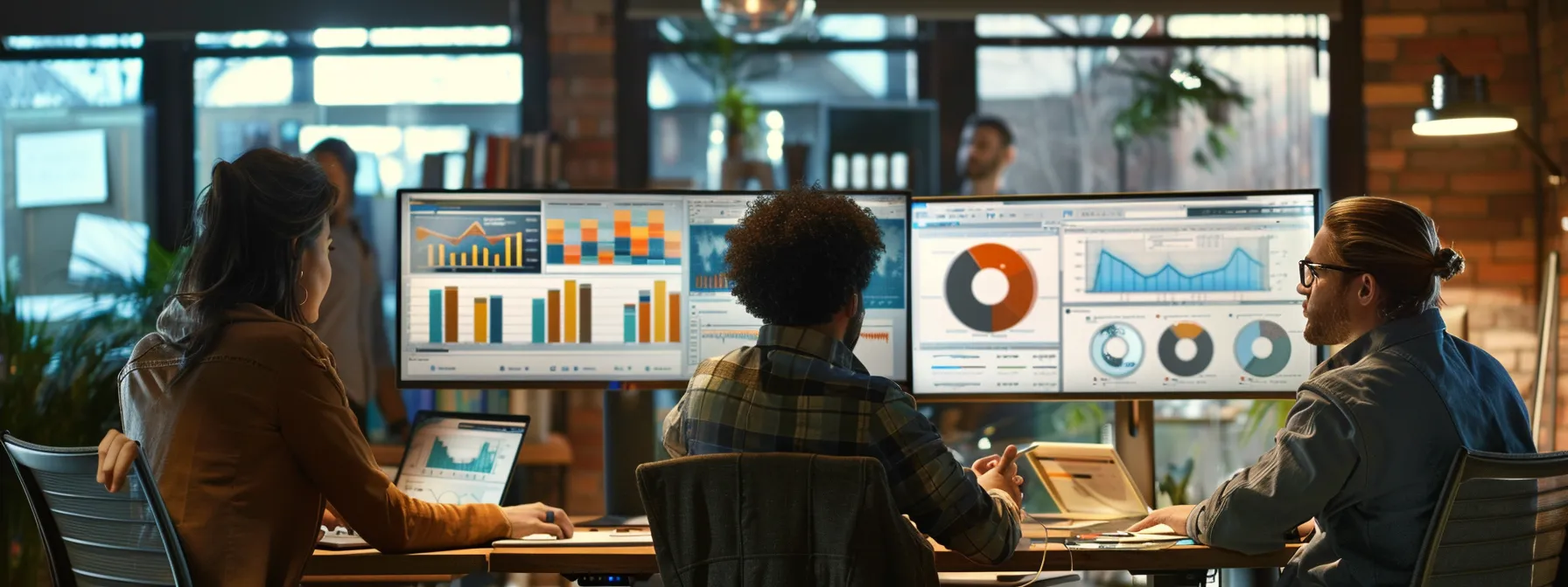 a group of professionals discussing seo strategies and analyzing data on multiple computer screens in a modern office setting.