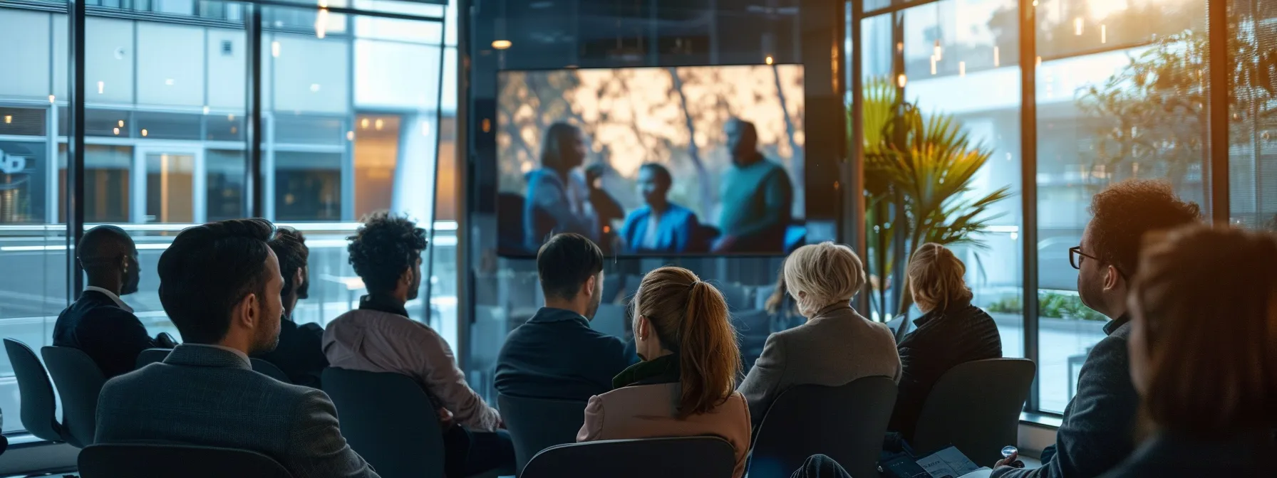 a group of people in a modern office in melbourne engaged in a presentation and discussion about building trust and transparency with their audience.