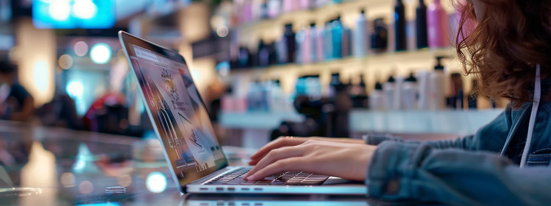 a person typing on a laptop with various hair salon-related keywords on the screen.