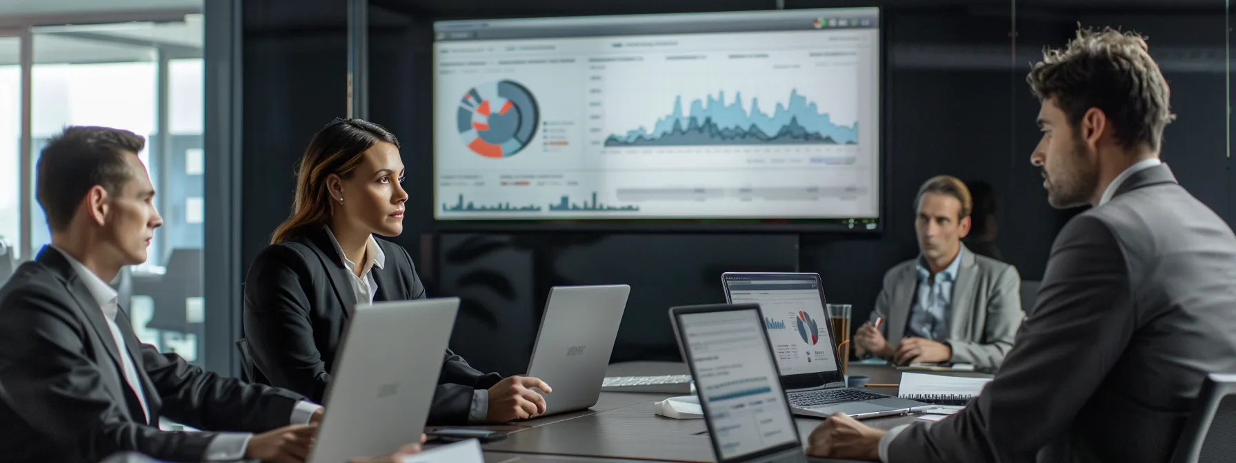 a group of business professionals in a conference room analyzing data on computer screens.