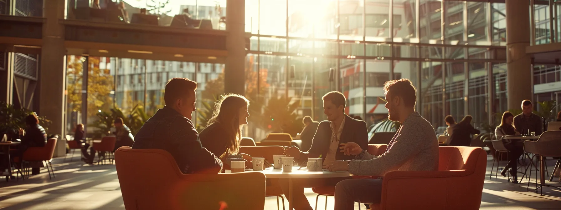 a group of students and business professionals discussing partnership opportunities in a university campus setting.