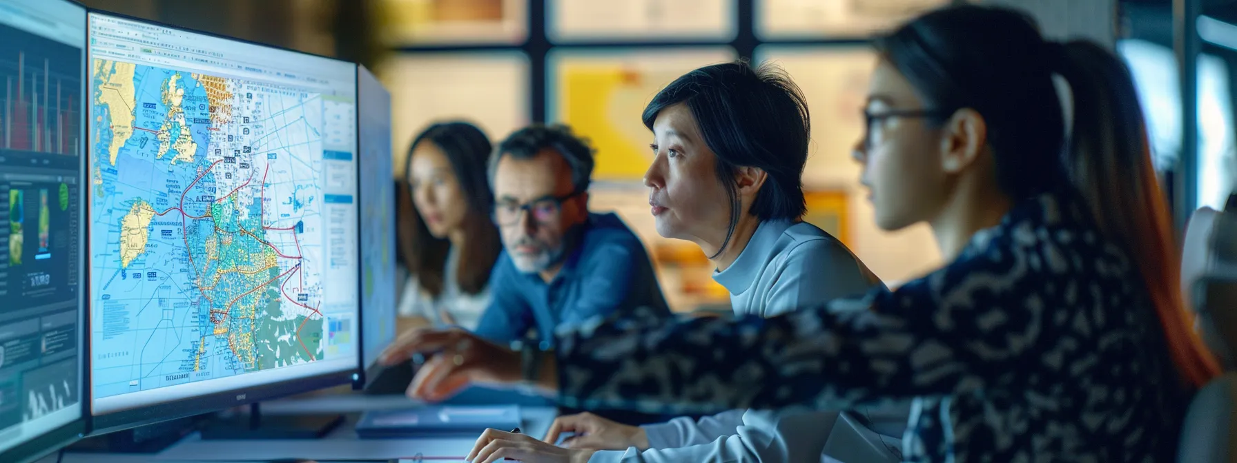 a team reviewing customer journey maps on a large computer screen during a strategy meeting.