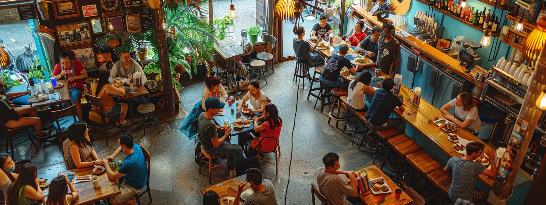 a bustling cafe filled with happy customers enjoying their drinks and food, surrounded by vibrant decor and cozy seating.