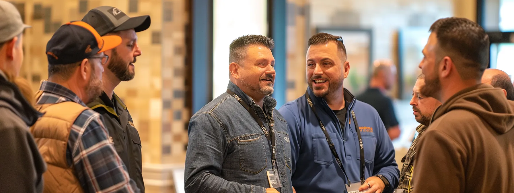 a group of tiling contractors networking with home improvement bloggers and suppliers at a conference.