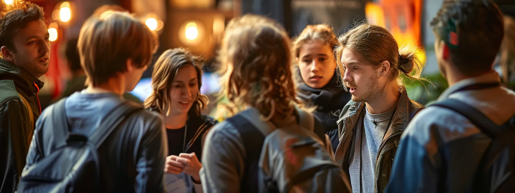 a group of people engaged in a lively conversation, with one person standing out as the leader.