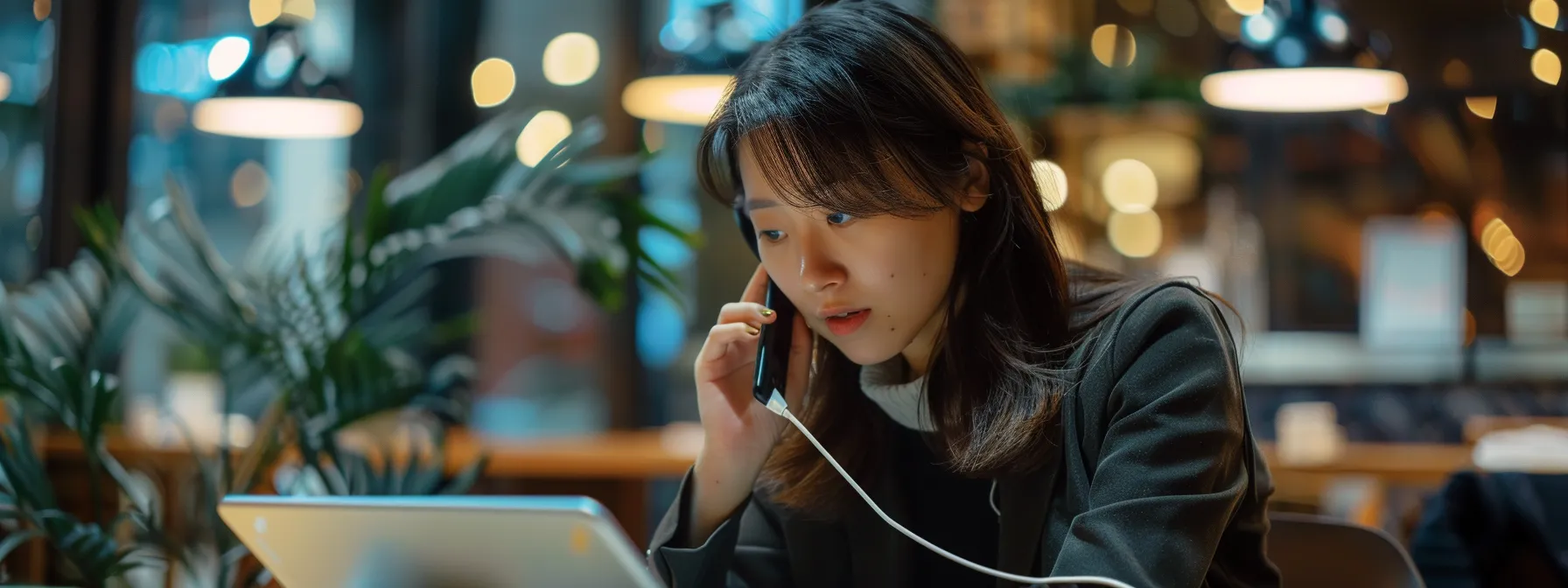 a person on the phone with a focused expression, listening attentively to the prospect with a notepad in hand.