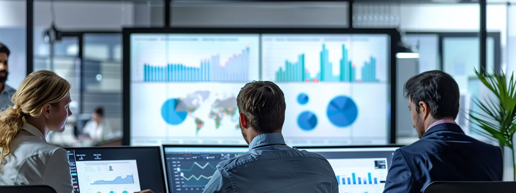 a group of sales representatives analyzing data charts and graphs on a computer screen.