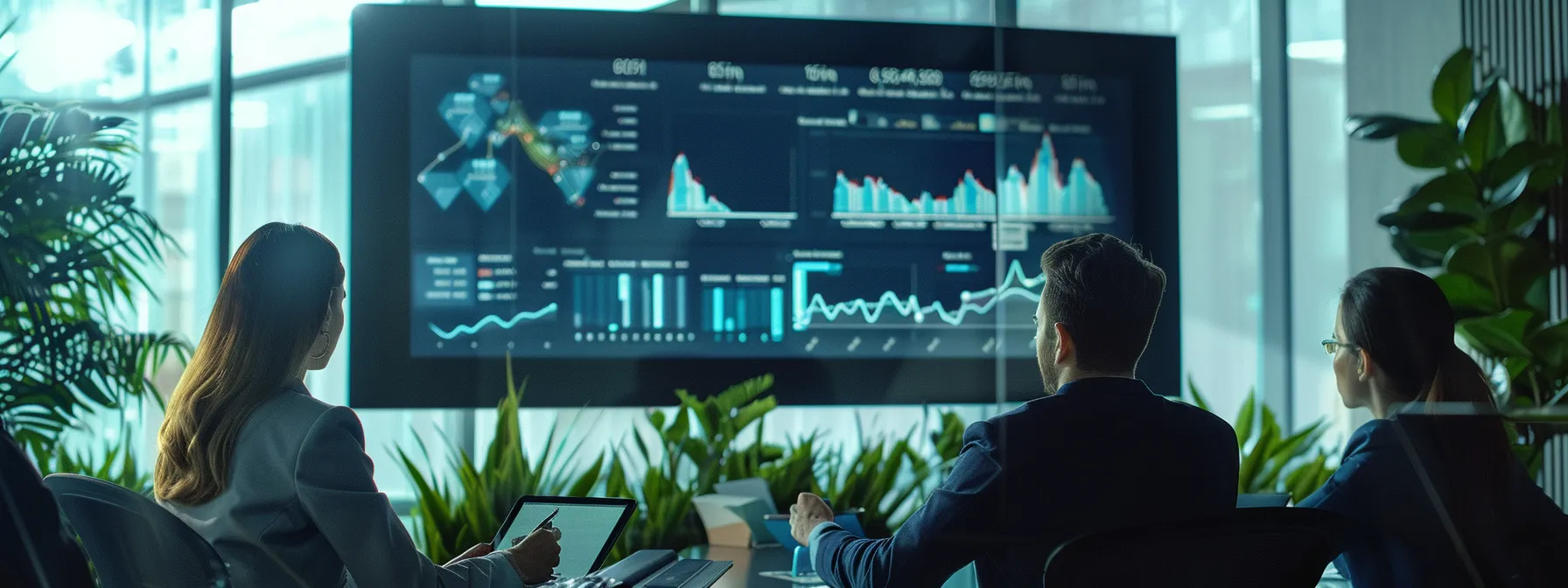 a team of professionals analyzing charts and graphs on a large screen in a conference room.