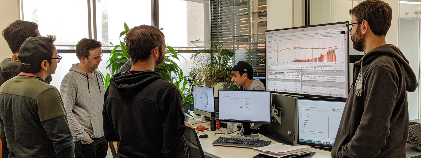 a group of people gathered around a computer screen showing springvale's website climbing up the seo rankings on a graph.