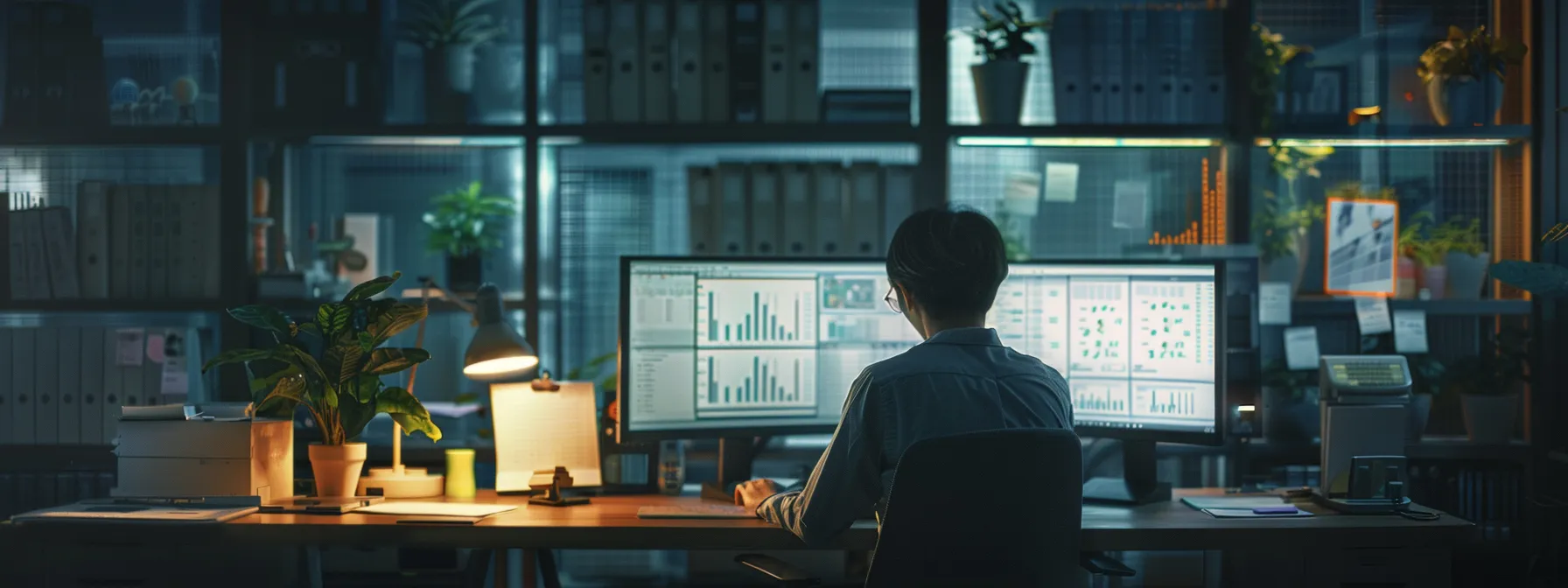 a person analyzing data on a computer screen in an office setting.