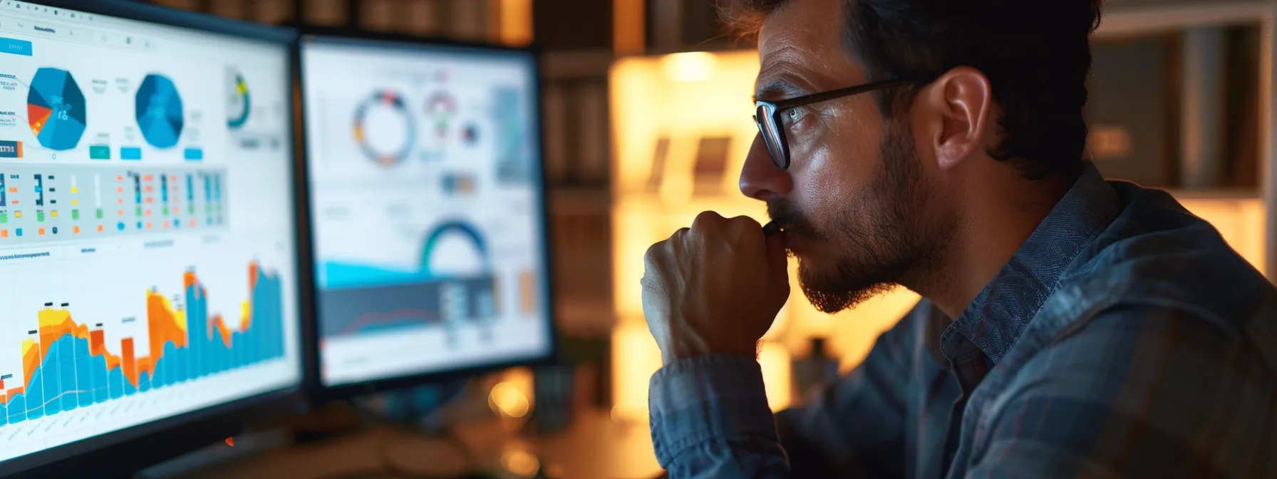 a person analyzing charts and graphs on a computer screen with a look of concentration.