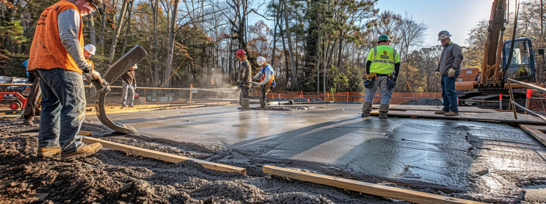 a group of construction workers pouring and smoothing concrete on a new driveway.