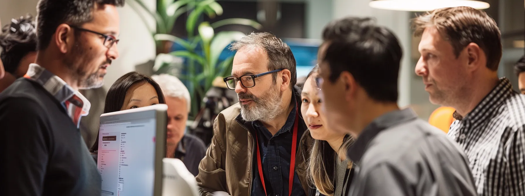 a group of people gathered around a computer screen, discussing seo strategies for the melbourne market.