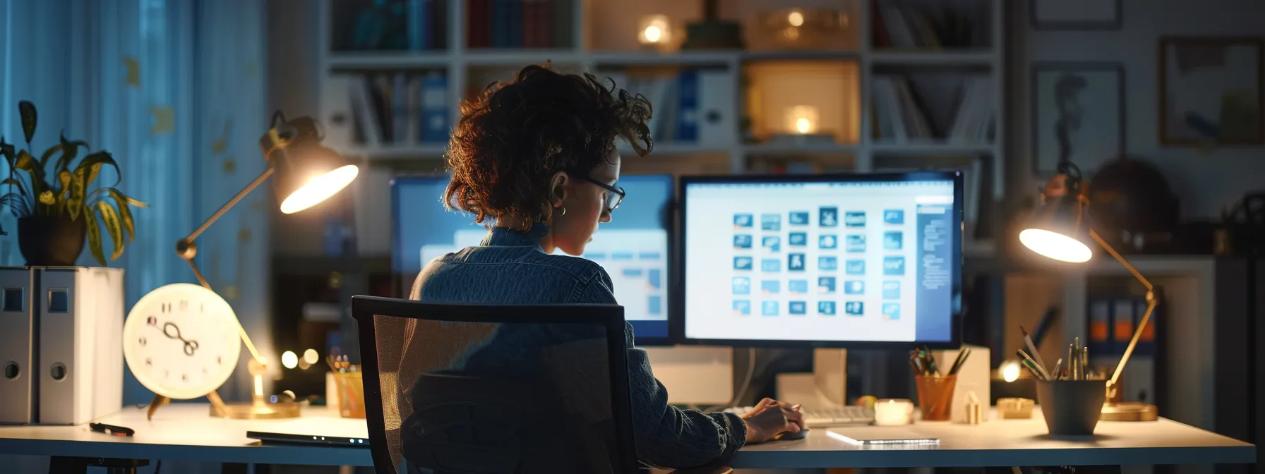 a person analyzing keyword opportunities on a computer screen in a modern office setting.