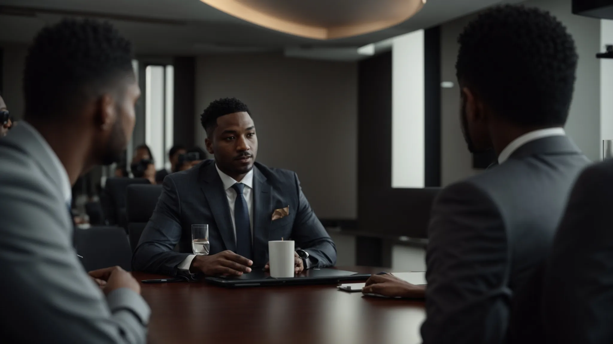 a group of diverse business professionals discussing strategy in a conference room.