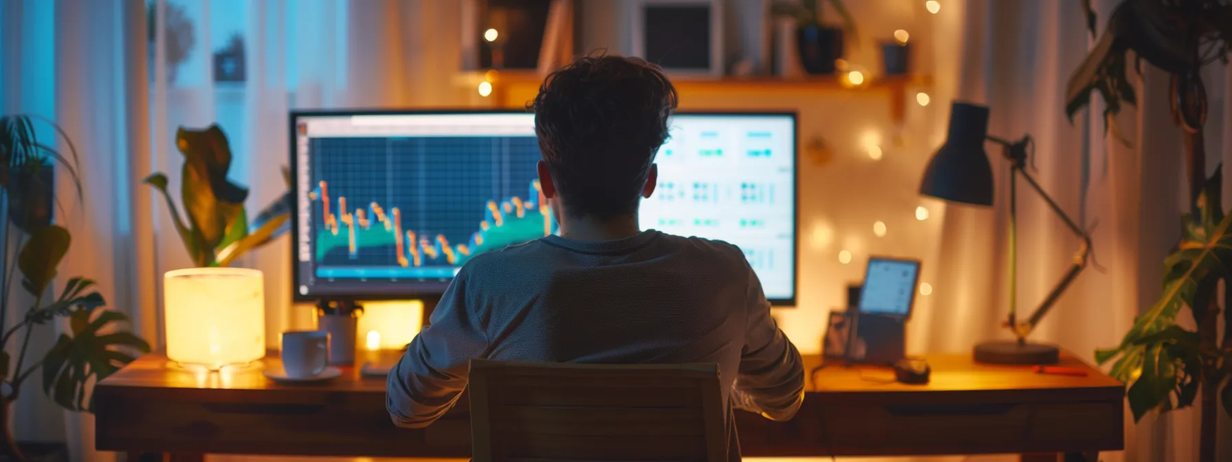 a person sitting at a desk, analyzing data on a computer screen with a graph showing improvement in lead acquisition through seo practices.