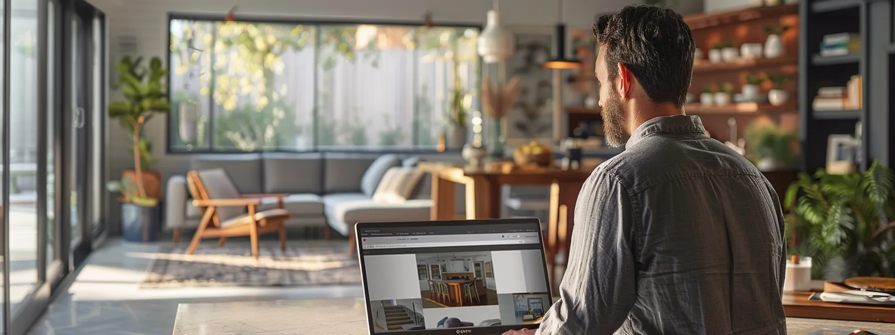 a homeowner looking at a before-and-after project gallery on a laptop screen.