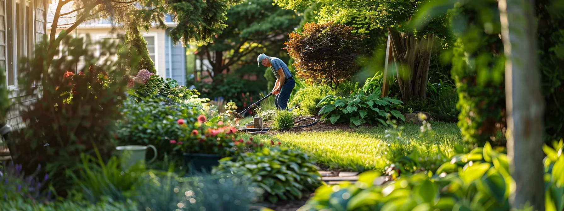 a landscaper working on a lush green garden in a residential yard.