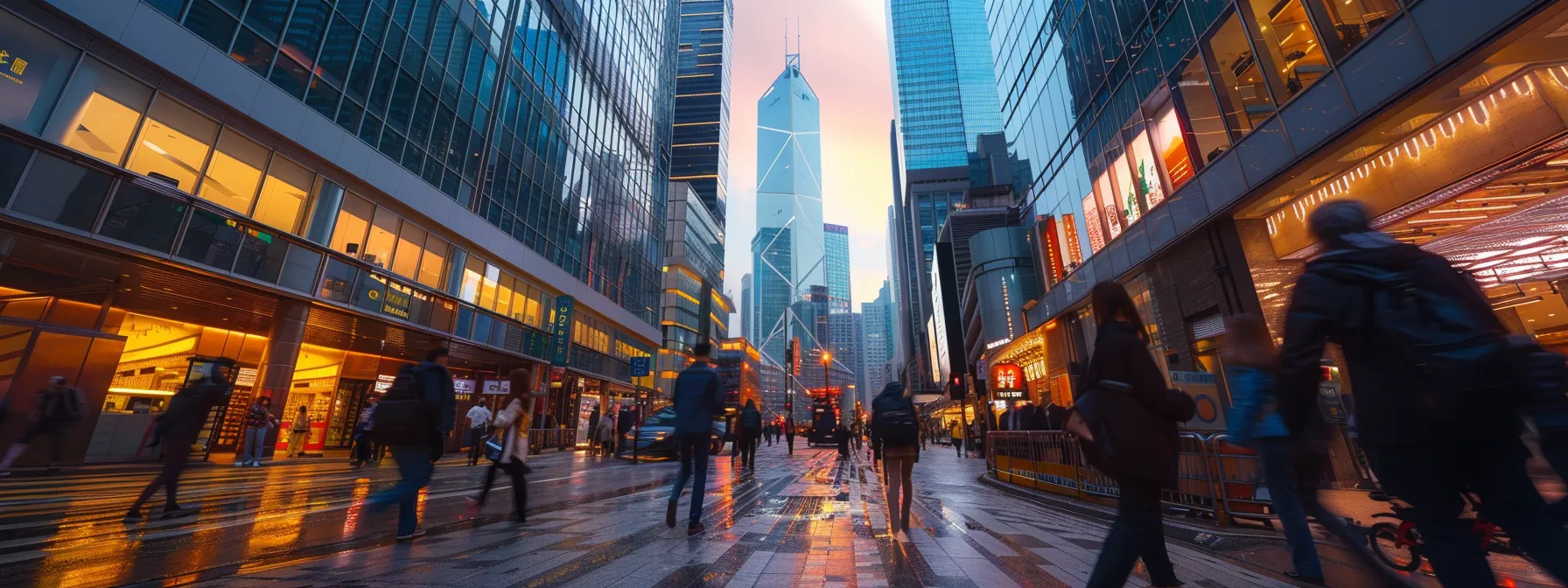 a bustling cityscape with skyscrapers and people walking down the streets.